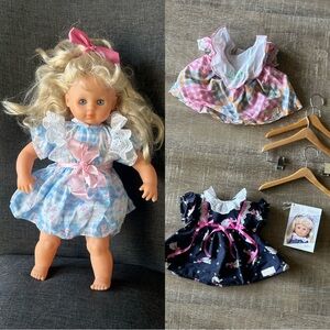 Vintage Zapf creation Doll + Blue Goose Pattern Dress 9 PC SET Blonde Blue Eyes